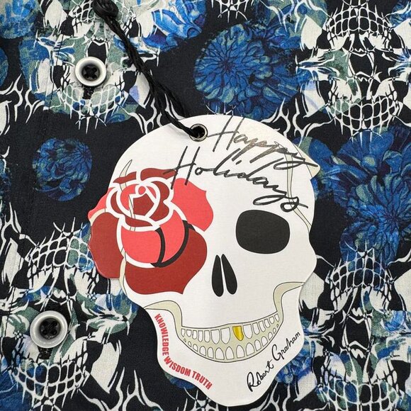 NWT Robert Graham Alloway Button Shirt S Blue Flip Cuff Floral Skull Mens $198 - Picture 5 of 12